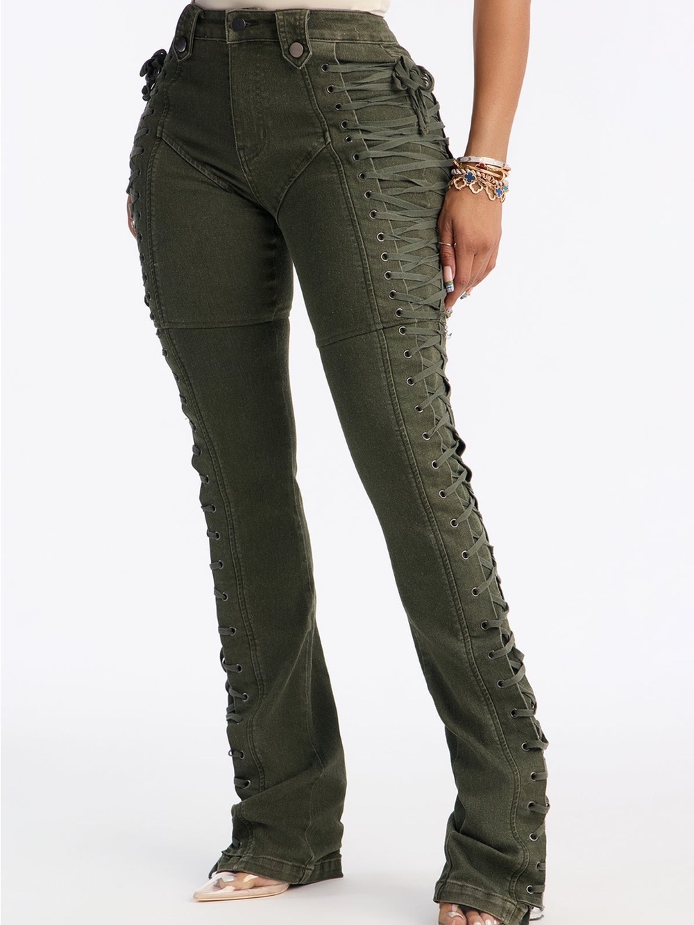 Fashion Nova Pants Womens Large Olive Green After Hours Lace Up High Rise Denim